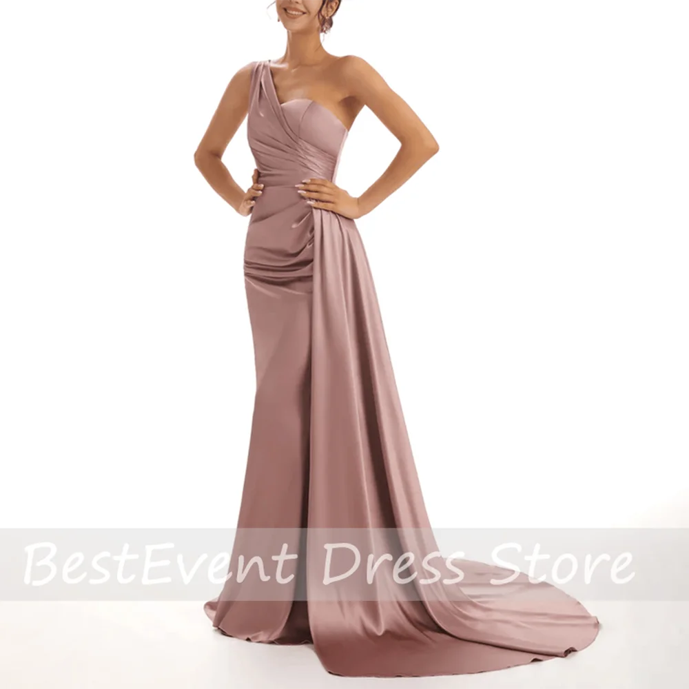 

Bespoke Occasion One Shoulder Pleated Modern Bridesmaid Dress Mermaid Sexy Backless Floor Length Evening Gown with Sweep Train