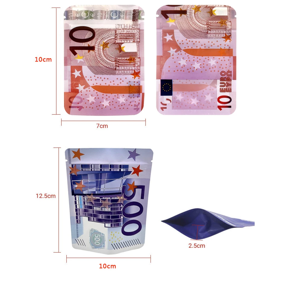 15pcs  With Clear Window Mylar Bags 3.5G 10x12cm 10€20€50€100€200€500€ Small Pouches Bills Paper Proof Zip lock Bag Small Pouch