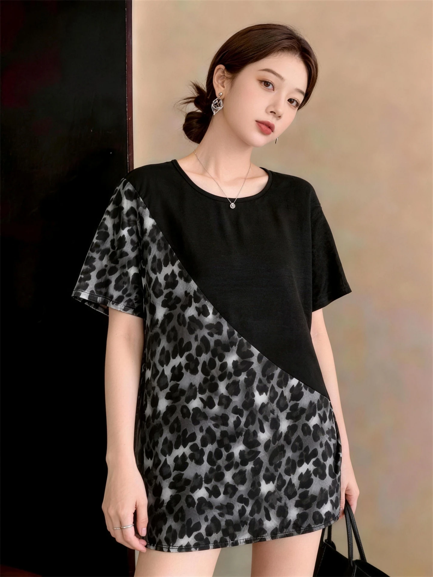 American Style Spliced Short Sleeve T-Shirt Women's Base Shirt Summer New plus Size Loose Belly Covering Top Leopard Print