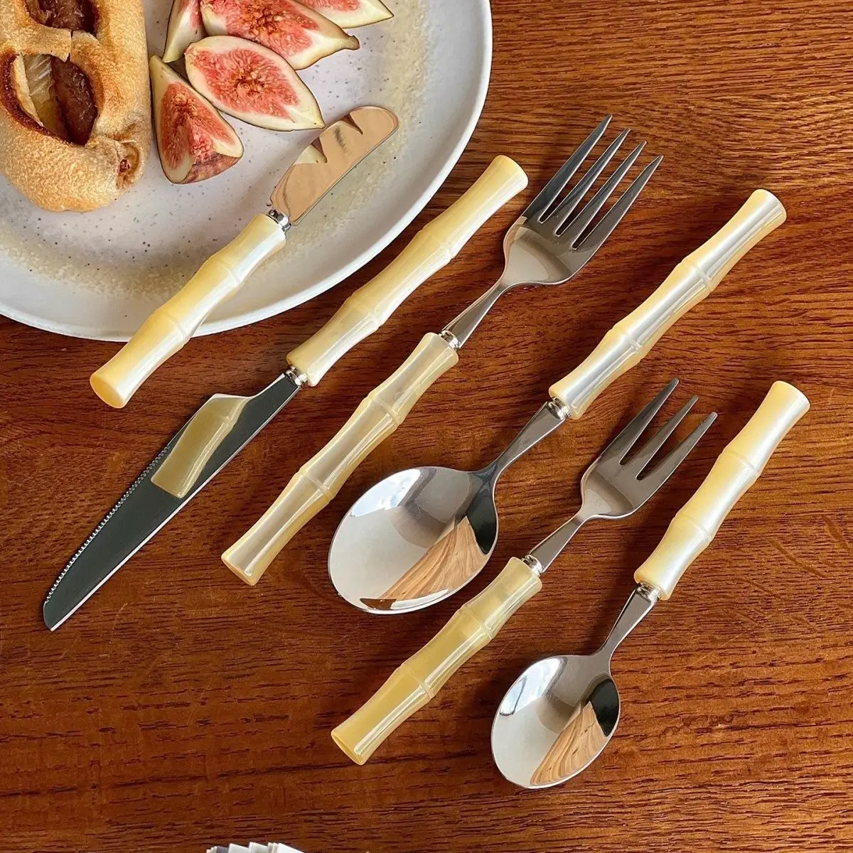 304 Bamboo Stainless Steel Tableware Handle Set Household High-value Western Food Spoon Steak Knife and Fork Acrylic