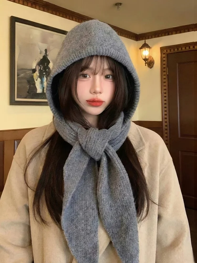 Winter Hat and Scarf Set Knitted Hooded Shawl Balaclava Hat Thicken Keep Warm Scarf 100% Wool Pullover Hat Gothic Accessories