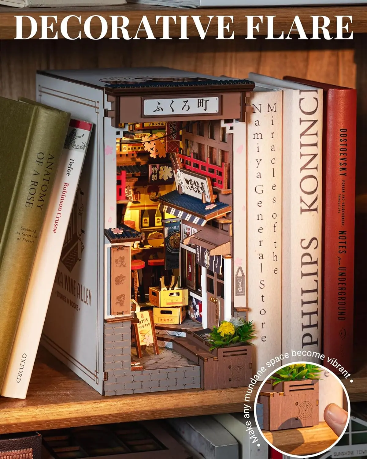 Robotime SAKURA Wine Alley DIY Booknook พร้อมไฟ DIY Miniature บ้านตุ๊กตาชุด 3D ปริศนาไม้ Bookend ชั้นวางหนังสือตกแต่งของขวัญ