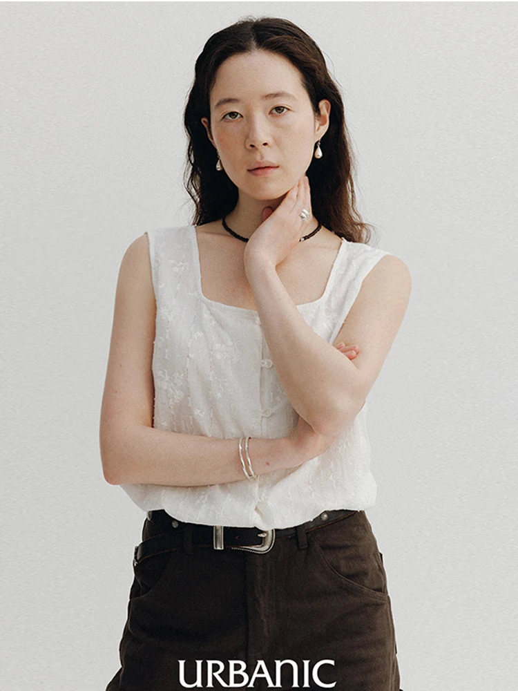 

New Women's Embroidered Button-Up Svel Vest Square Collar Lace Pattern Versatile Top Quali Cotton Commute Sle