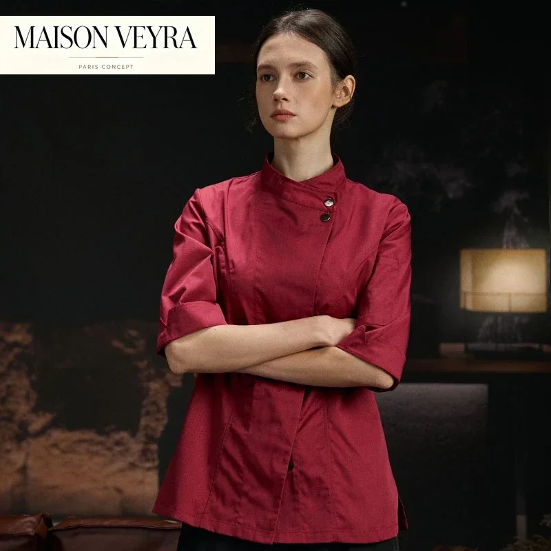 プロの女性用シェフコートジャケット、レストラン、ベーカリー、製菓、ウェイター、コックの制服、七分袖付き