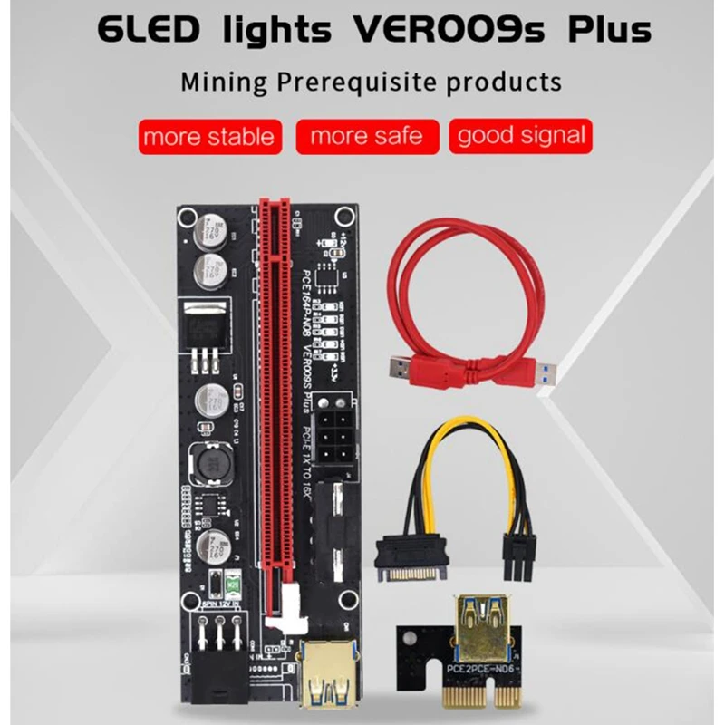 PCI-E Riser VER009S Plus GPU การ์ด PCIE PCI E X16 To X1PCI Express อะแดปเตอร์การ์ด 6Pin To SATA USB3.0 พร้อมไฟ LED