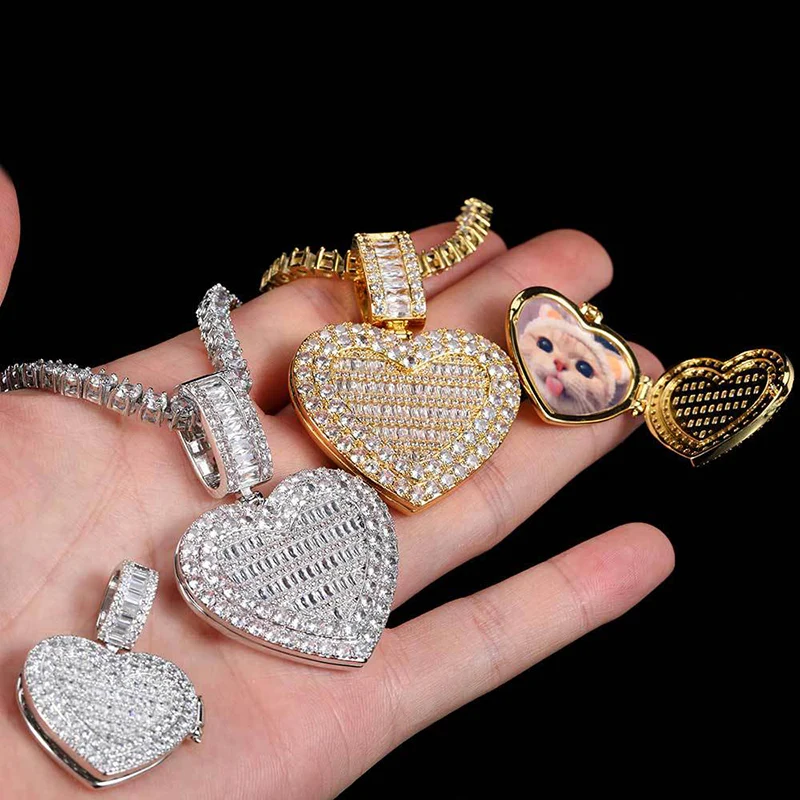 Custom Photo Frame Memory Medallions Solid Heart Pendants Necklace for Men Women Lovers Bling Iced Out Hip Hop Rapper Jewelry