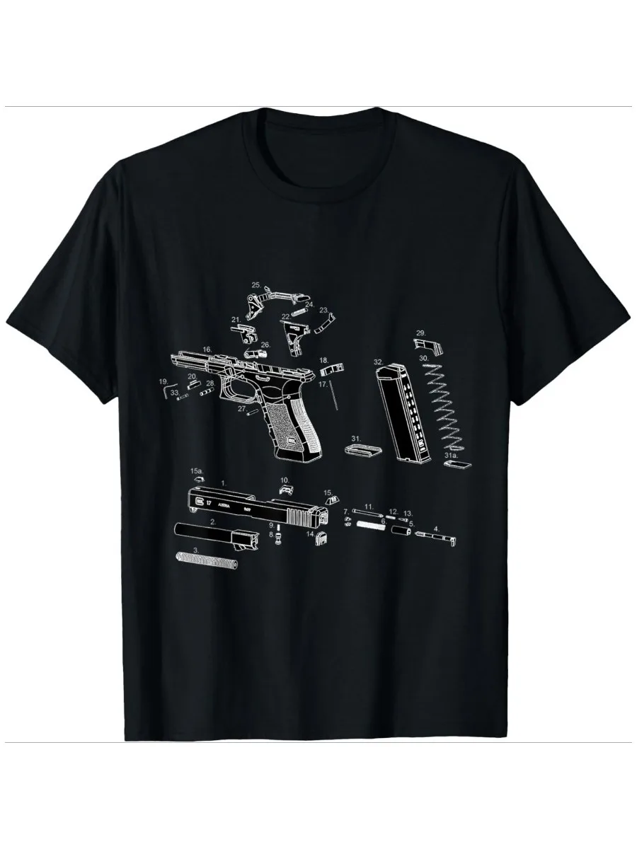Detail exploded illustration of pistol design-100% cotton summer casual O-neck short sleeve printed men's T-shirt.