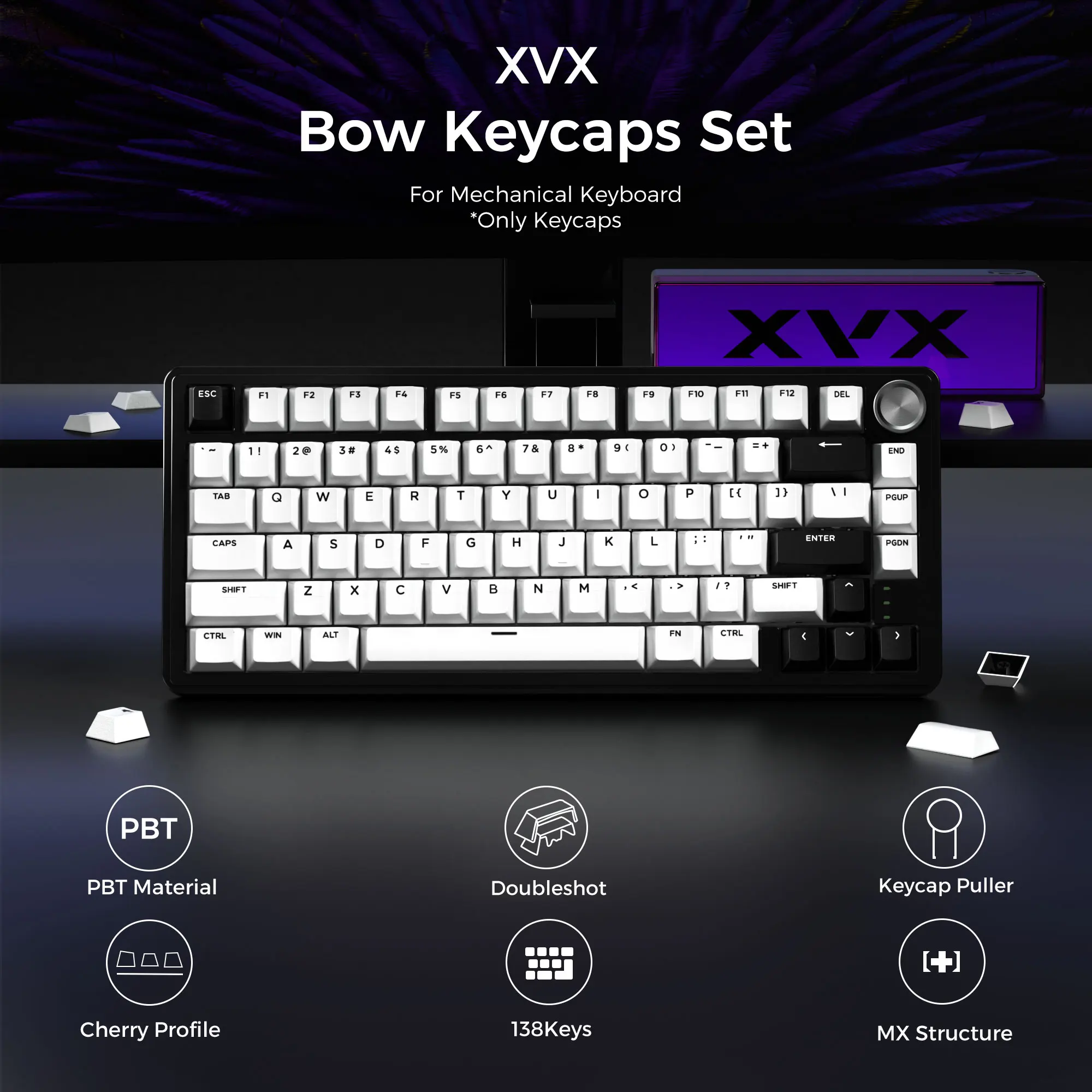 XVX BOW Keycaps Set White Double Shot Cherry Profile Keycap 138-key PBT Key Cap for MX Keyboard