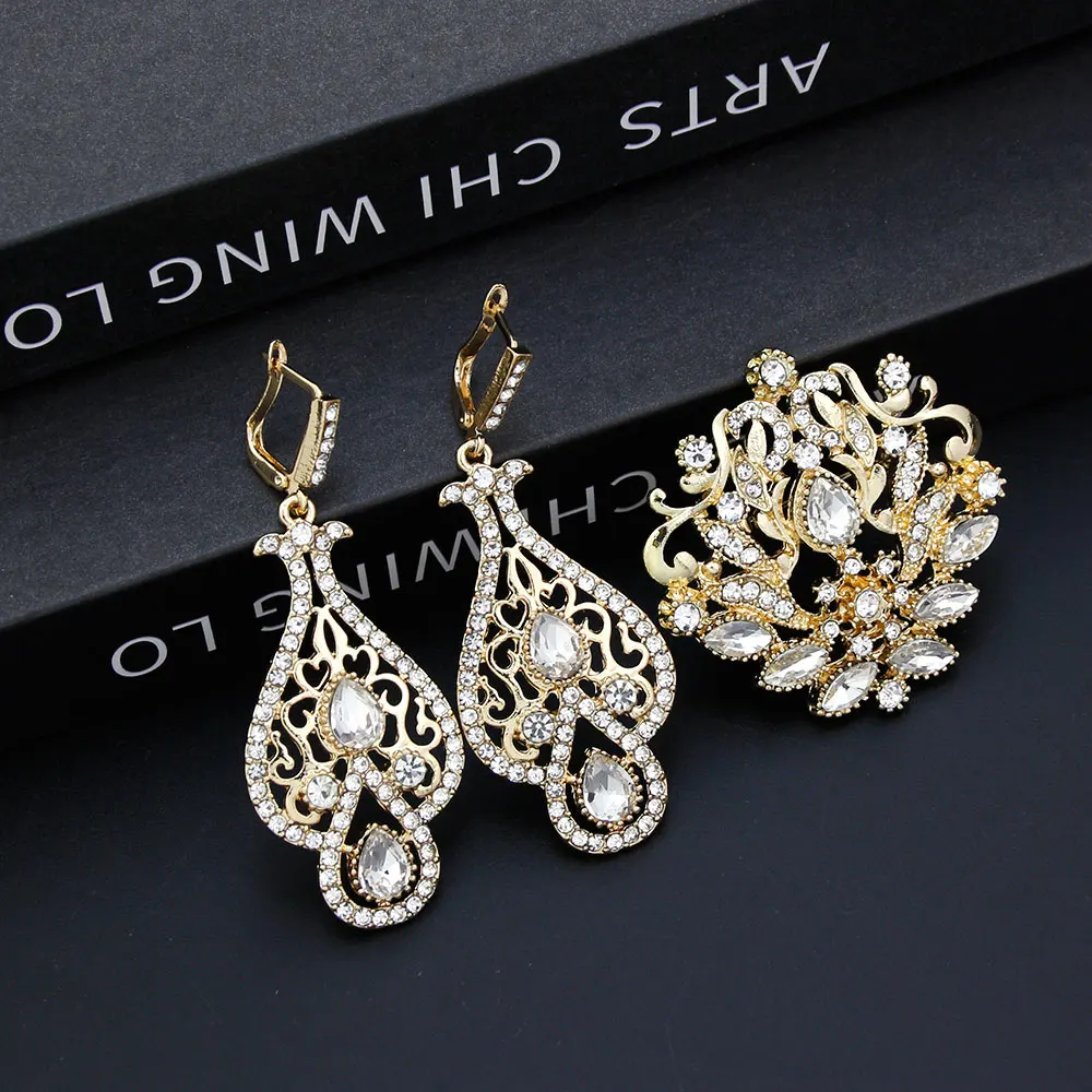 Sunspicems Chic Crystal Women Brooch Earring Sets Morocco Jewelry Gold Color Bride Caftan Brooch Hollow Arabic Drop Earring Gift