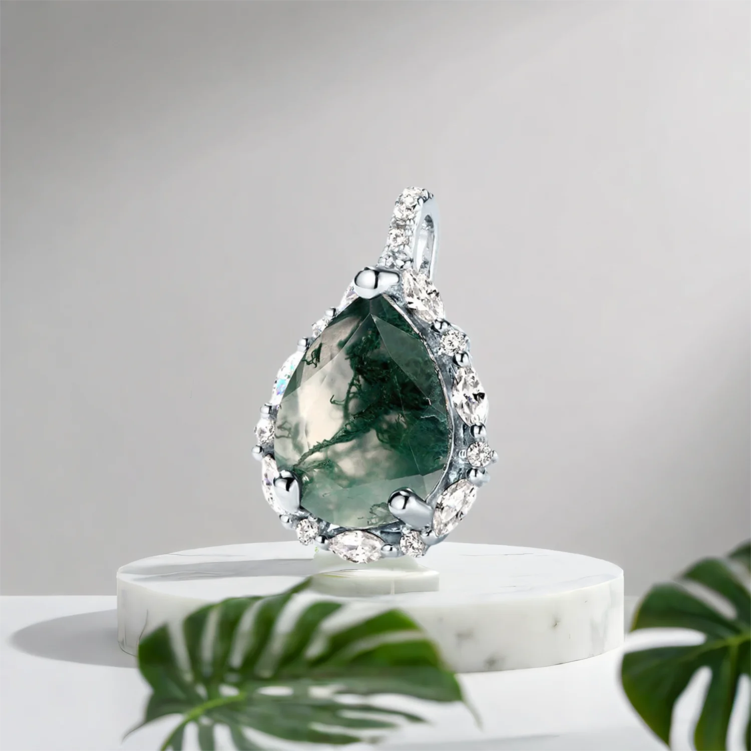 

Sterling Silver Pear Cut Moss Agate Pendant for Jewelry Making Women's Natural Gemstone Halo Pendant for Necklace