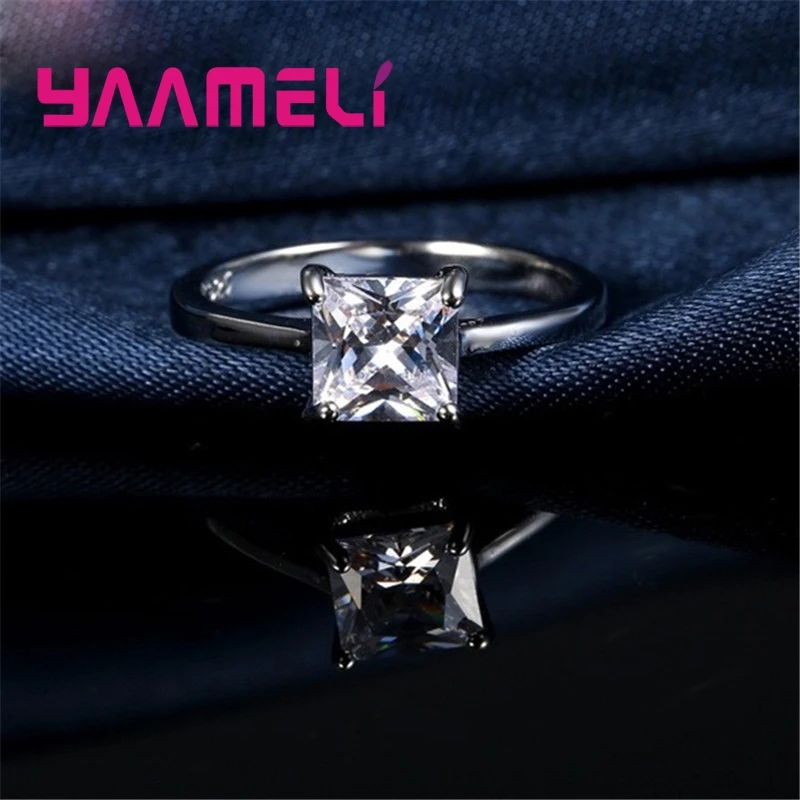 Charm Square CZ Crystal Engagement Wedding Bands Ring 925 Sterling Silver Cubic Zircon Women Men Gift Unisex Jewelry