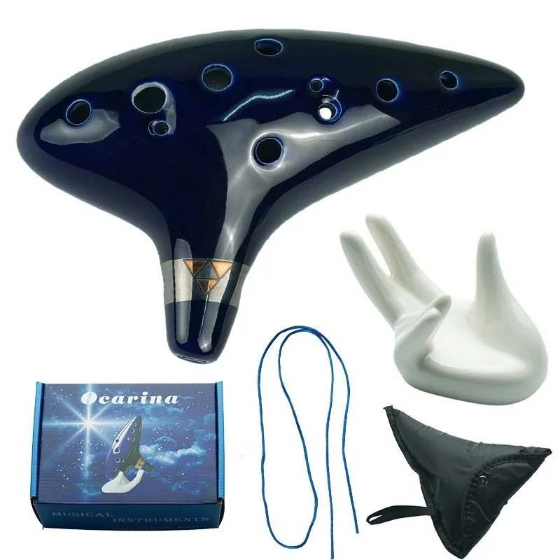 Ocarina, 12 Alto C Ceramic Ocarina Instrument with Songbook Neck String Neck Rope Carry Bag, Blue