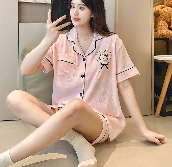 Pyjama d'été à manches courtes, short, Hello Kitty, décontracté, avec coussinet de poitrine, ensemble deux pièces de dessin animé mignon