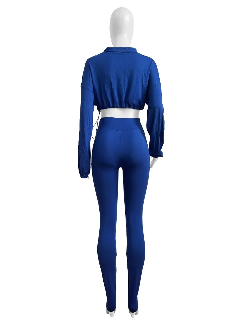 2024 Autumn Women Trend Solid 2 Piece Set Tracksuit Zipper Long Sleeve Drawstring Jacket Crop Tops + Leggings Pants Jogger Suits