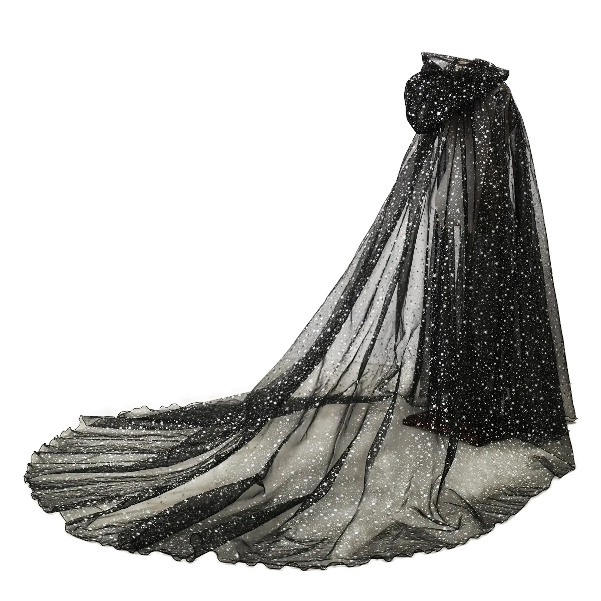 Halloween-Kapuzenumhang mit langem Schleier, einfarbig, glänzend, Sternenhimmel-Motiv, für Damen, geeignet für Hochzeiten, Gartenpartys, Bühnenauftritte, Kostüm, Tüllumhang – Detail 4