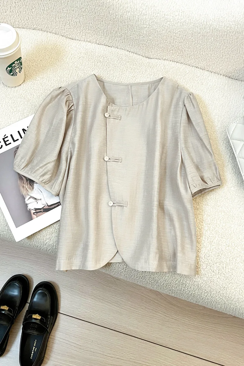 Summer women's casual solid color round neck short sleeved shirt