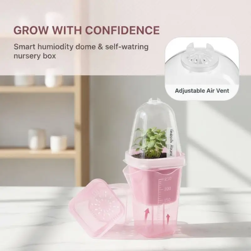 Stackable Transparent Pink Self Watering Pots with Drainage Holes for Garden Seedlings Nursery Space Saving Planting