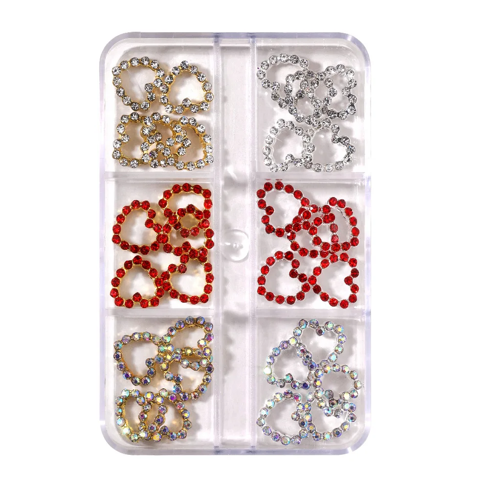 

Bulk Supply New Valentine's Day Gold Sliver Nail Art Alloy Jewelry Ins Popular Diamond Gem 3D Peach Heart 6 Grid Mixed Set Charm