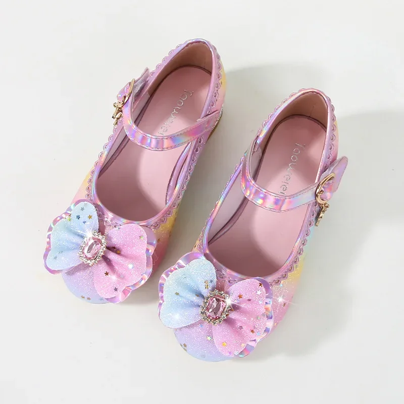 Spring Autumn Rainbow Princess Shoes Fashion Glitter Children Girls Crystal Leather Shoes Sequins Kids High-heels Single Shoes