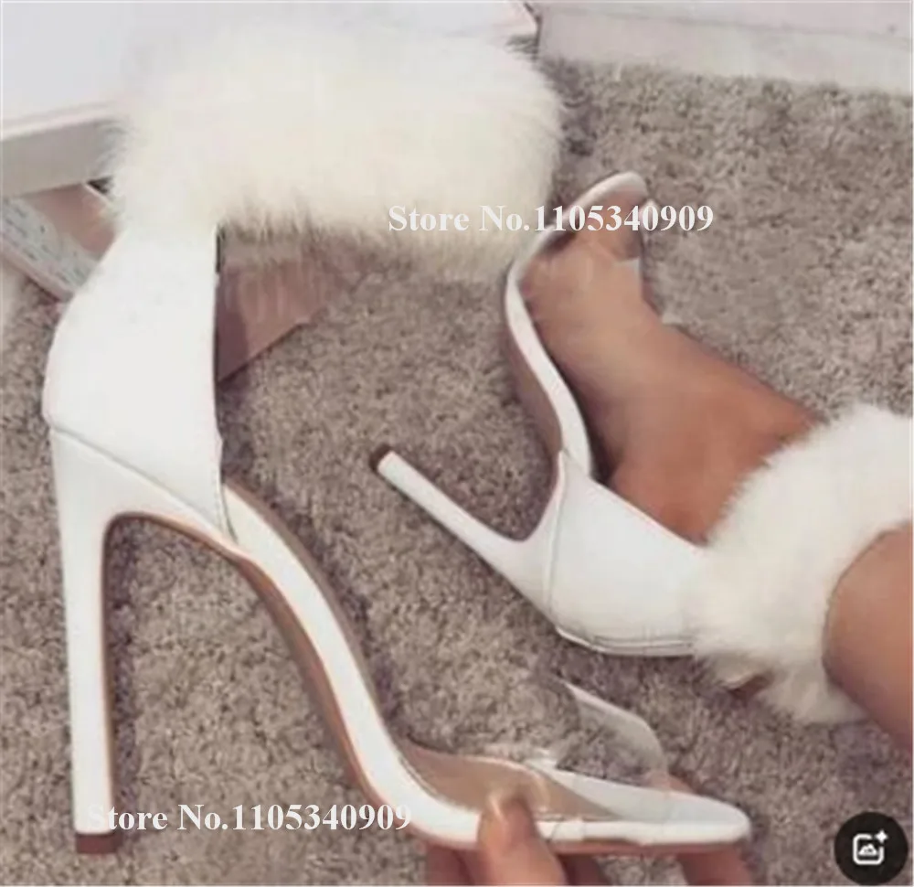 Bondarenko Ankle Fur Wrapped Stiletto Heel Sandals Open Toe PVC Straps Patchwork White Red Pink Thin Heel Party Dance Shoes
