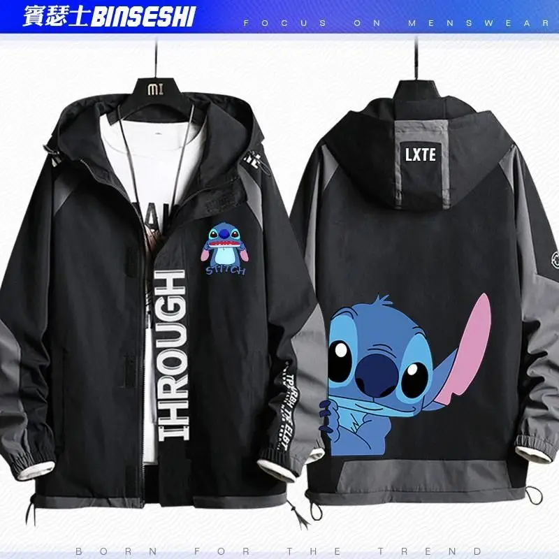 Anime Stitch Couple Coat Kawaii Stitch Fashion Cartoon Print Jacket Windproof Loose Hooded Top Autumn and Winter Warm Overcoat