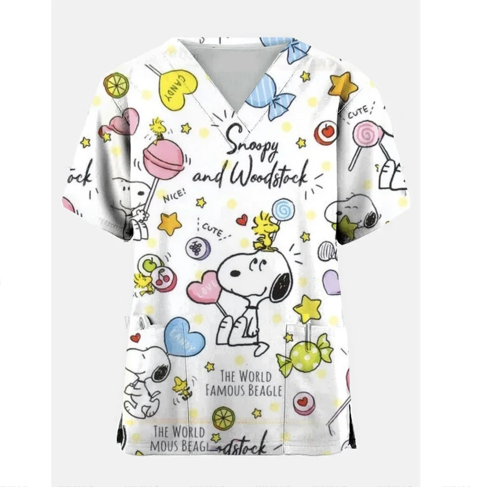 Snoopy print Working Nurse Uniform Women Short Sleeve  Pocket Blouse Scrubs Tops Nursing Medical Accessories oversized tshirt