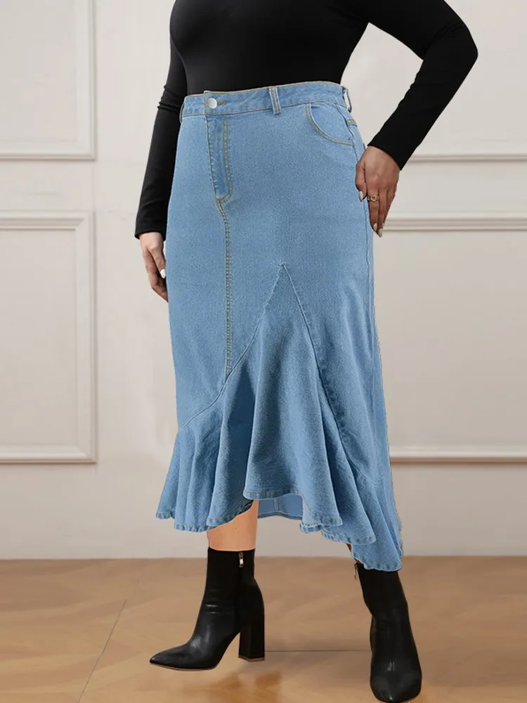 Summer New Plus Size Clothes High Waist Slit Denim Skirt For Women Washed Retro Pencil Skirt Hip-covering Straight Long Skirt