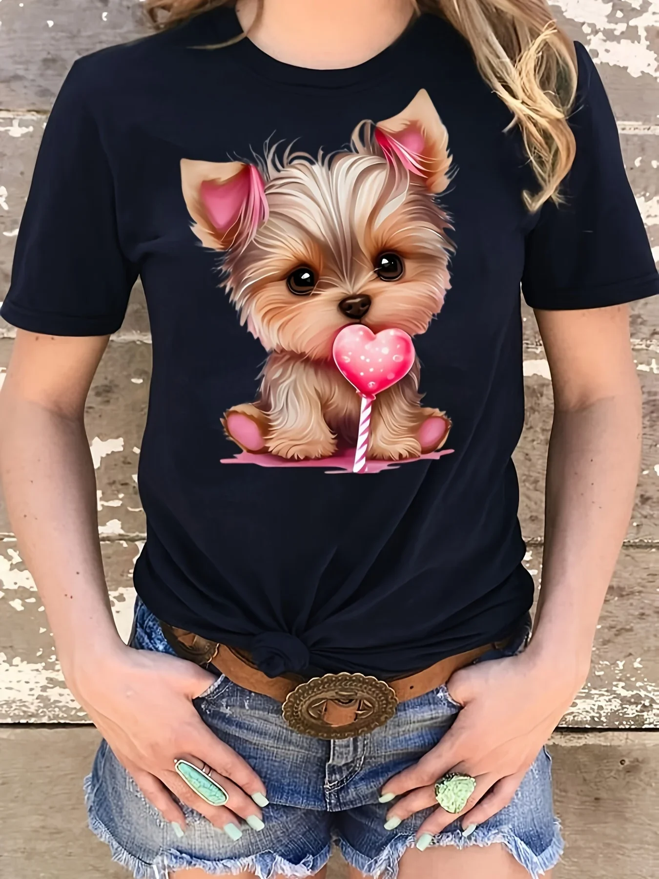 2024 Hot selling Puppy Print round neck T-shirt Spring/Summer casual short sleeved top Women\'s clothing