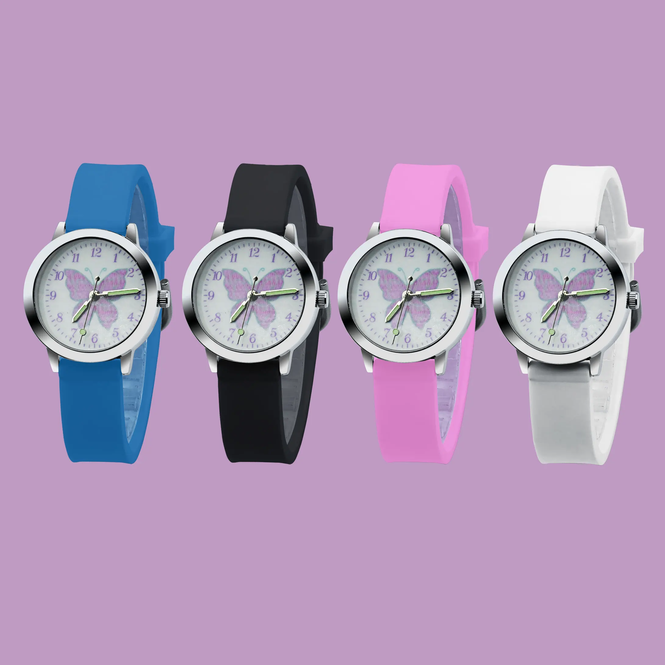 Reloj de silicona con esfera de mariposa rosa y negra para niños, pulsera de silicona que brilla en la oscuridad, reloj deportivo para escuela primaria