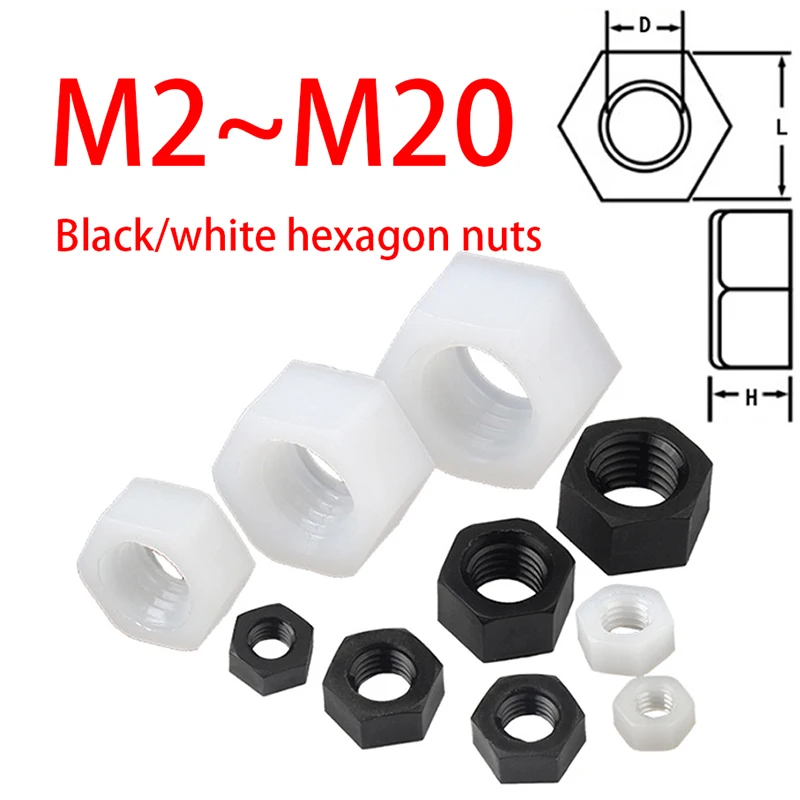 2-50pcs M2 M2.5 M3 M4 M5 M6 M8 m10 m12 M14 M16 M18 M20 Black/white Plastic Nylon Hex Hexagon Nut DIN934