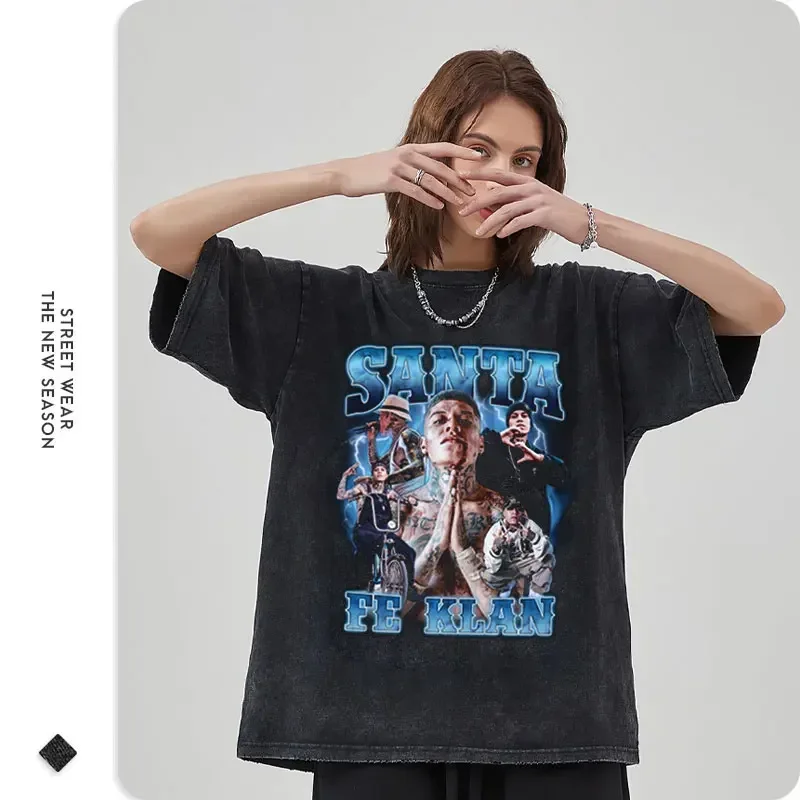 Santa Fe Klan T Shirt Hip Hop Rapper SantaFeKlan Vintage Washed Tops Tees Oversized T-shirt Harajuku Old School Short Sleeve Men