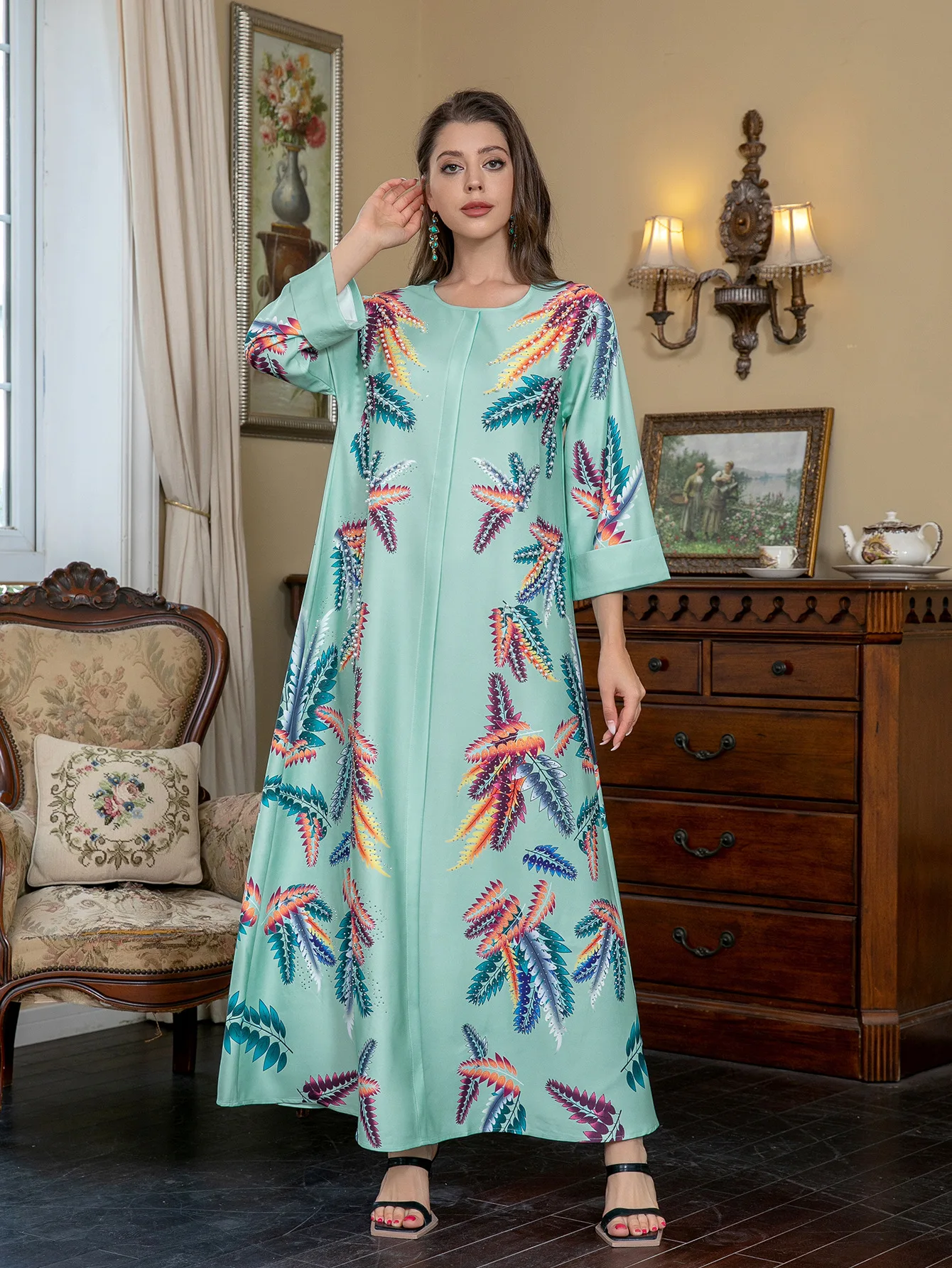 

Hand Embroidered Luxury Printed Abaya Rhinestone Beaded Abaya Long Sleeve Maxi Abaya Ethnic Middle Eastern Modest Dress