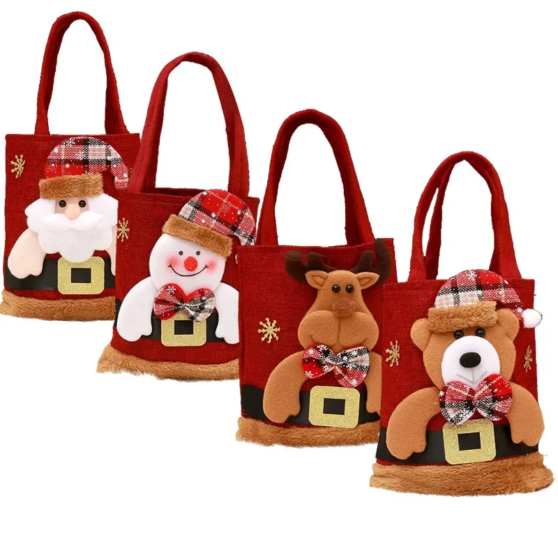 Christmas Candy Gift Bag Handbag Flannelette Santa Claus Apple Bag Xmas Party Candy Cookies Chocolate Packing Bag For Xmas Decor