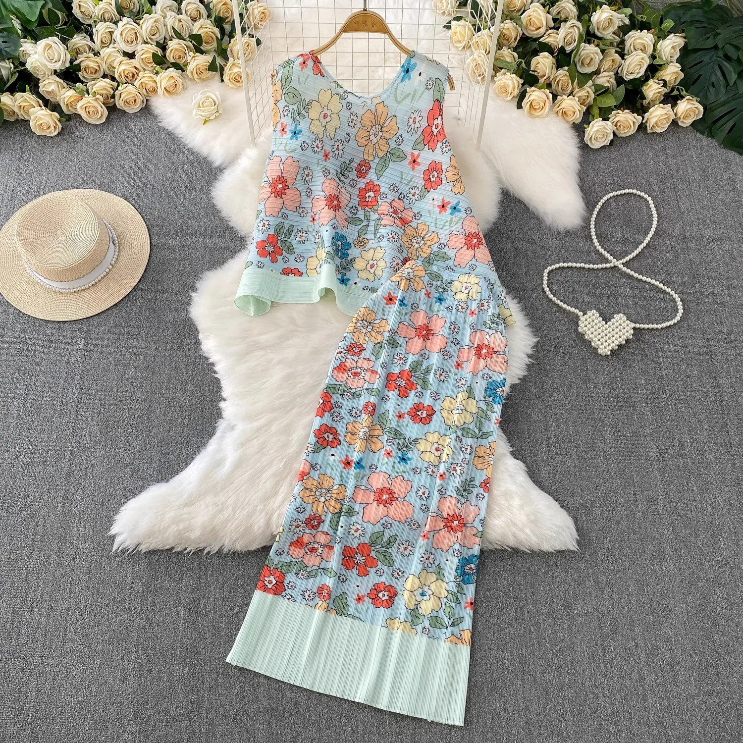 Miyake Plissee Süßer Blumendruck Urlaub 2-teiliges Set Neue Sommer Unregelmäßige ärmellose Weste Lose Tops + Floral Midi Rock Anzüge