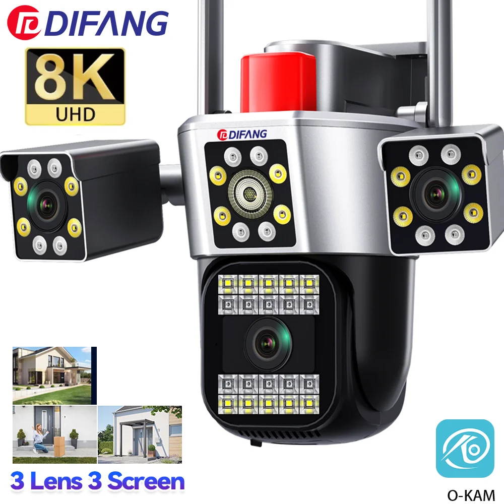 

8K 15MP Home Security WiFi Camera Three Screen Three Lens CCTV Auto Tracking Waterproof Surveillance Cameras IP Outdoor