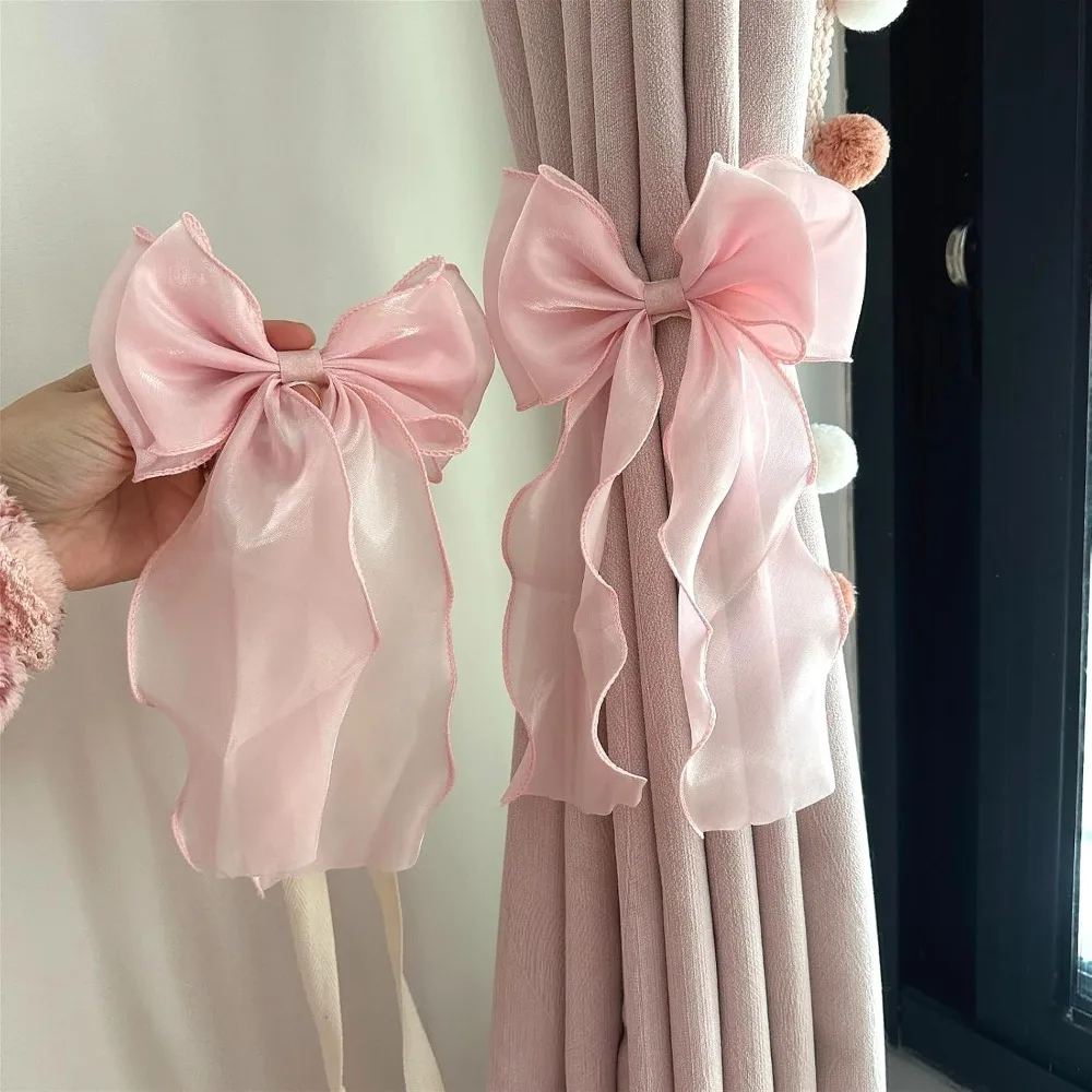 2Pcs French Satin Bow Curtain Tiebacks Elegant Lace Ribbon Holdbacks Window Decorative Rope Home Decor Accessories