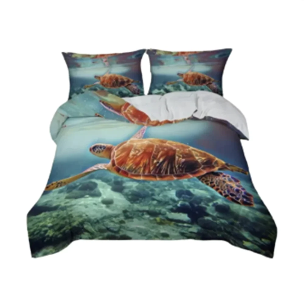 Funda nórdica de tortuga marina tamaño Queen, juego de edredón de lujo con temática del mundo submarino 3D, funda de cama de vida marina para decoración del hogar
