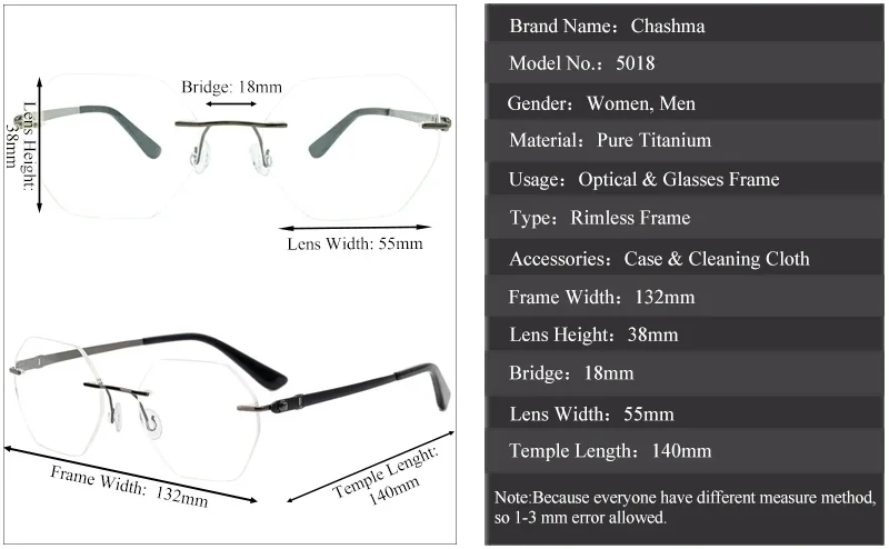 Chashma Rimless Pure Titanium Frame Octagon Eyewear Men Prescription Optical Glasses Female Progressive Anti Blue Ray Lenses