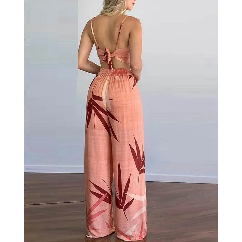 Ladies' Fashion Street Suspender V-neck High Waisted Wide Leg Pants Set Summer Casual Printed Lace Up Elastic Waistband Pants