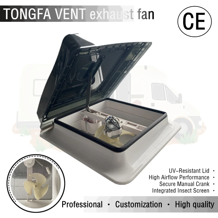 TONGFA RV Roof Vent Fan 12V 20W Temp Control Motor Manual Crank UV Resistant ASA Lid Insect Screen Caravan Roof Exhaust Fan