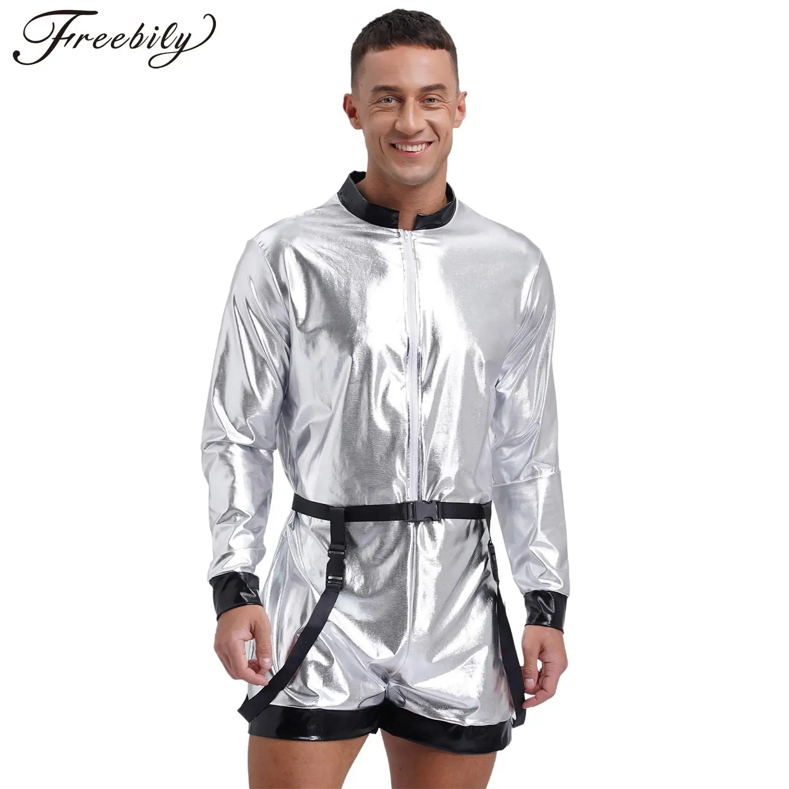 Men Halloween Space Astronaut Cosplay Costume Long Sleeve Metallic Shiny Bodysuit with Belt for Carnival Theme Party Clubwear