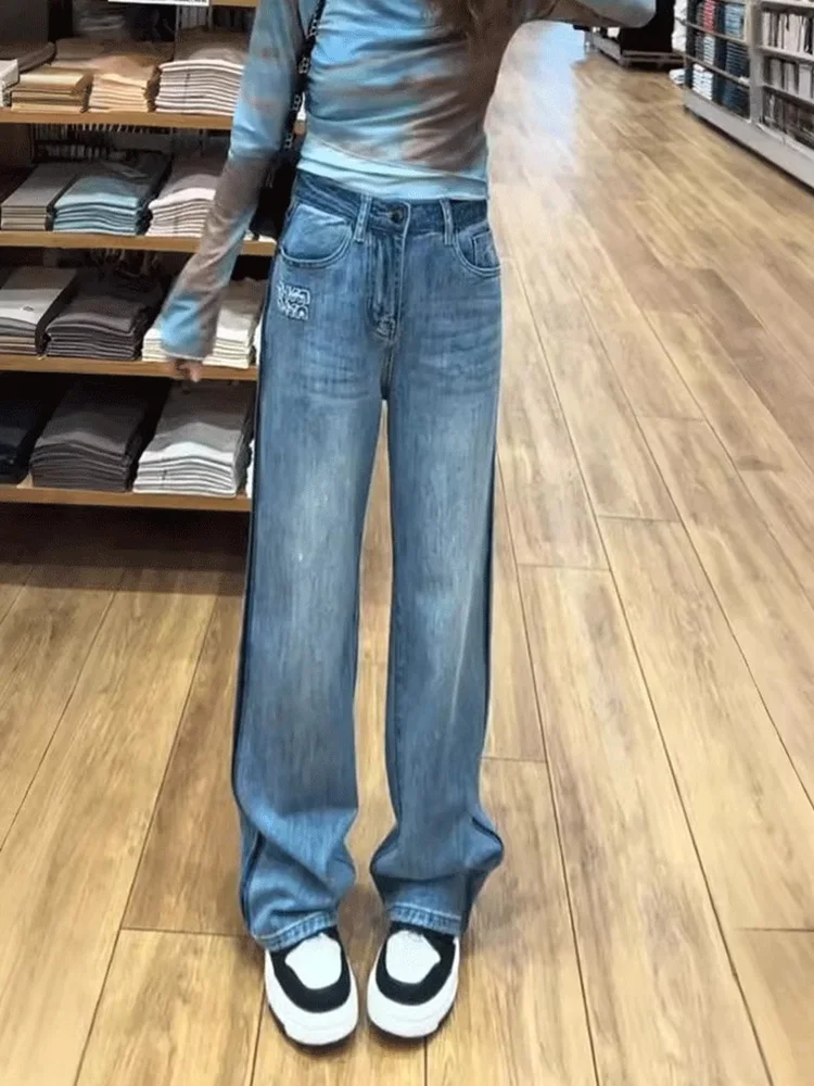 Retro Blue Denim Jeans Women's Spring New Small Size Straight Leg Pants Large Size Fat MM Loose Slimming Drill Wide Leg Pants