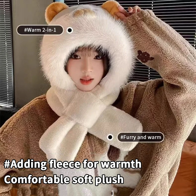 

Trendy Cute Cartoon Capybara Hat Scarf Winter Warm Scarf Hat For Women Girls Kawaii Ear Protection Soft Furry Scarf Cap Gifts