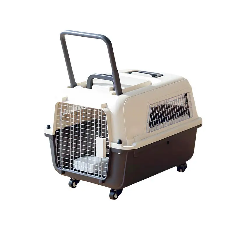 Fast Delivery Airline Approved Large Plastic Kennel on Wheels Solid Pattern Iron Pet Dog Cat Carrier Crate Cage on Sale