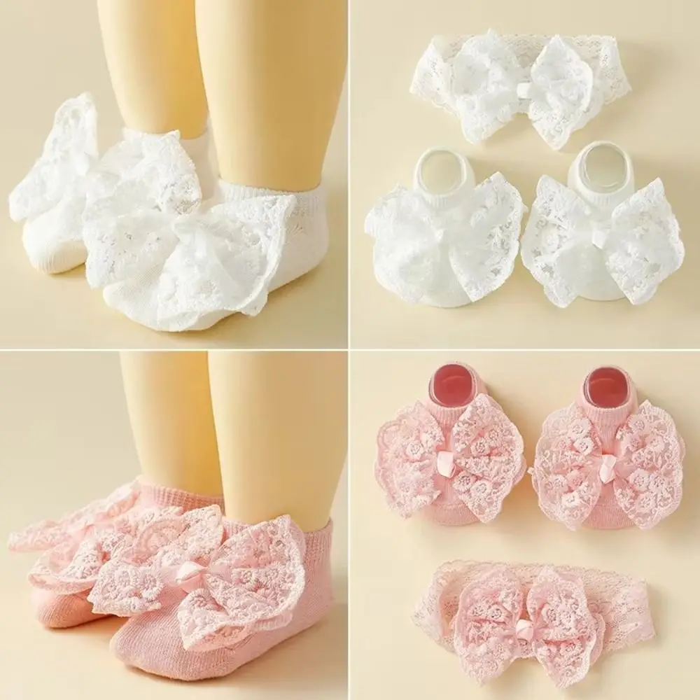 

2Set Headwear Lace Bow Baby Headband Socks Set Korean Style Cute Baby Floor Sock Breathable Kawaii Anti Slip Socks 0-12 Months