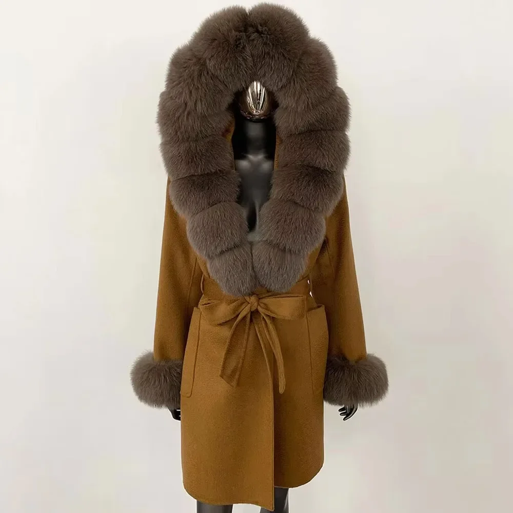 Women Real Fox Fur Coat Female Long Hooded Cashmere Jacket Warm Natural Fur Woolen Jacket Lady Wool Coat 2024 New Autumn Winter