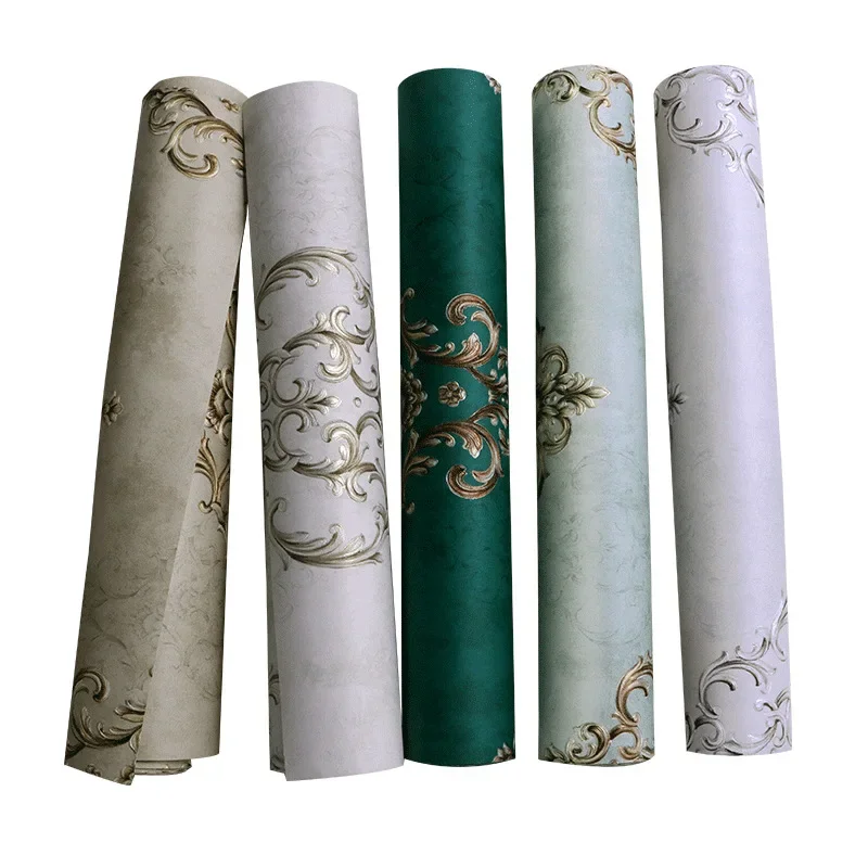 European 3D three-dimensional luxury wallpaper Damascus warm fresh non-woven high-end background wall paper peacock green.