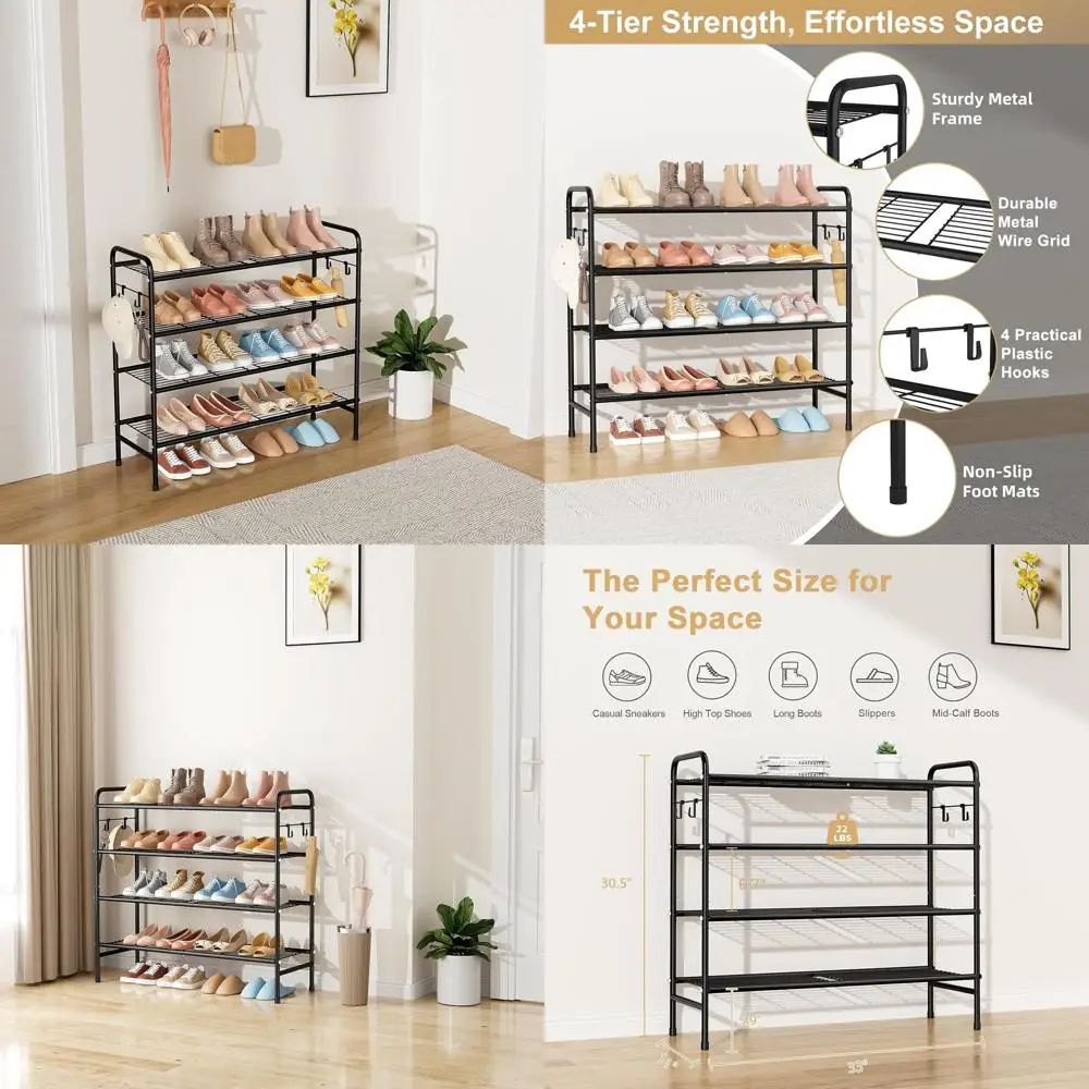 

4-Tier Shoe Rack 33" Wide Metal Shoe Organizer Long Shoe Storage with 4 Side Hooks Sturdy Shoes Shel or Closet, ront Door Entran