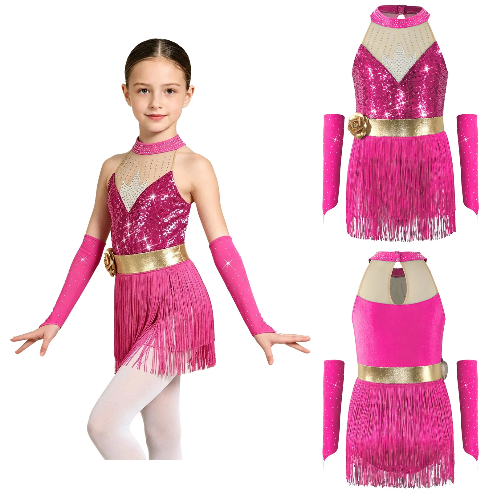 Kids Girls Latin Jazz Dance Dress Fairy Costume Keyhole Back Patchwork Metallic Sequin Rhinestone Tassel Leotard with Gloves