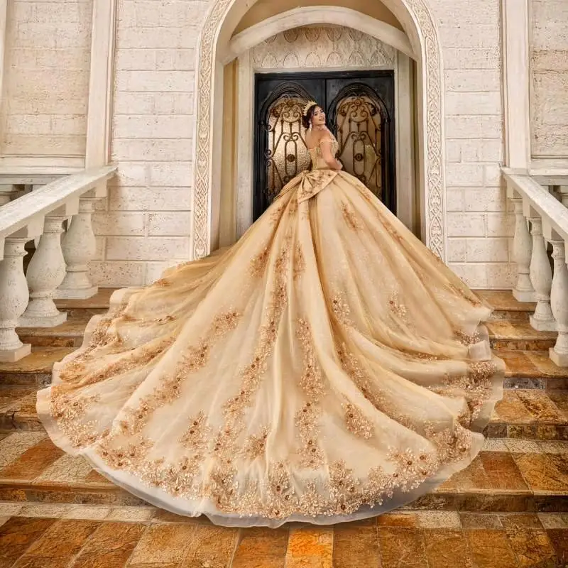 Personnalisé brillant champagne or Quinceanera robe dentelle cristal tulle dentelle 3D fleur robes de 15 Quinceanera ﻿